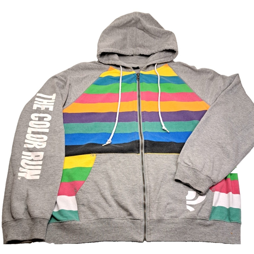 The Color Run‎ Hoodie Mens Large Rainbow Multi-Color Full Zip Sweatshirt Gray